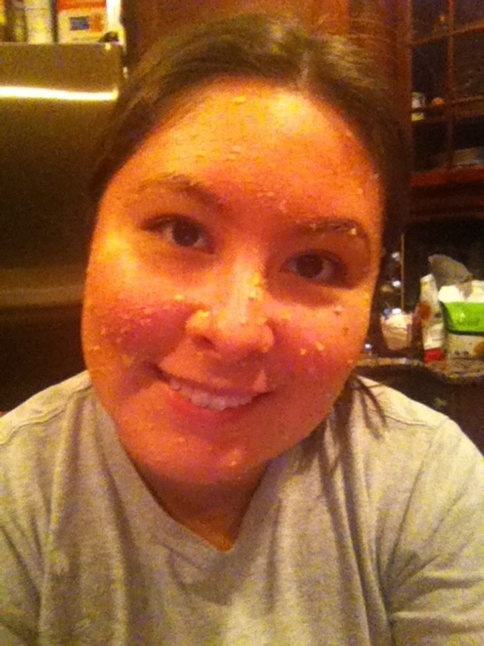 Massage to exfoliate areas with acne first. It make feel like its burning, that's the lemon taking care of it since the skin is inflamed. Continue rest of face