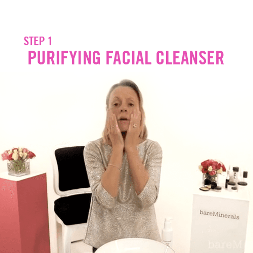 Massage two pumps of bareMinerals Purifying Facial Cleanser into your hand with a bit of water, then apply to damp skin.