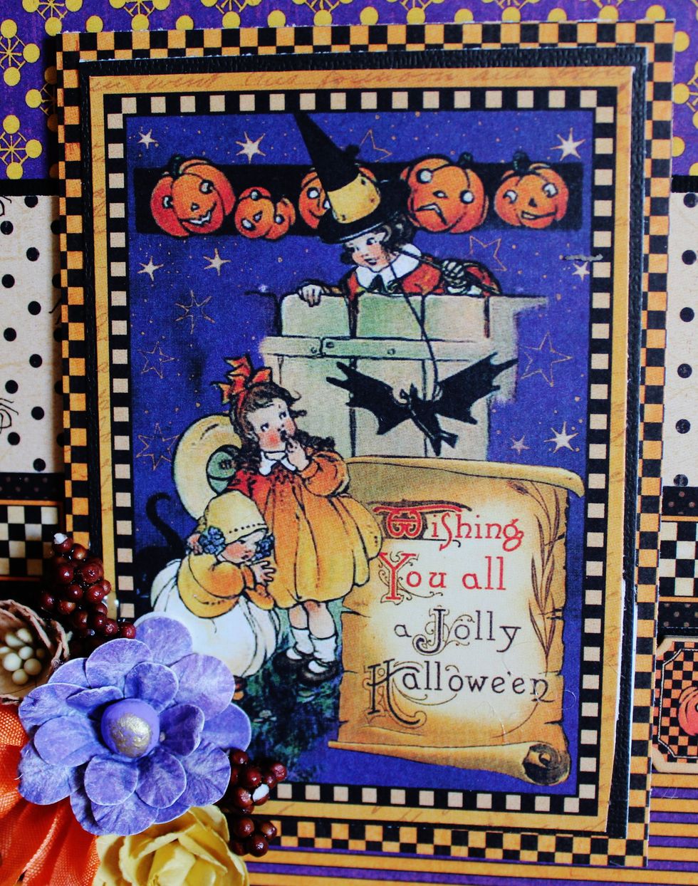 Mat journal image from pattern paper to black card stock and pattern paper. Adhere to front of card.