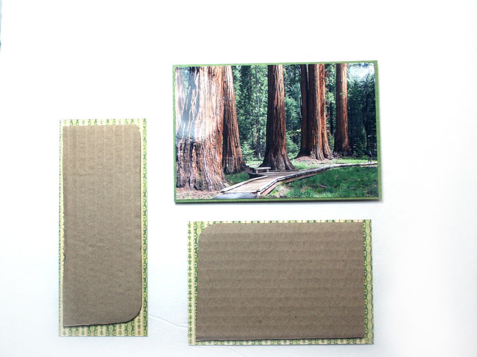 Mat photos, using the same paper as used on the left page and then back with cardboard or dimensional foam tape.