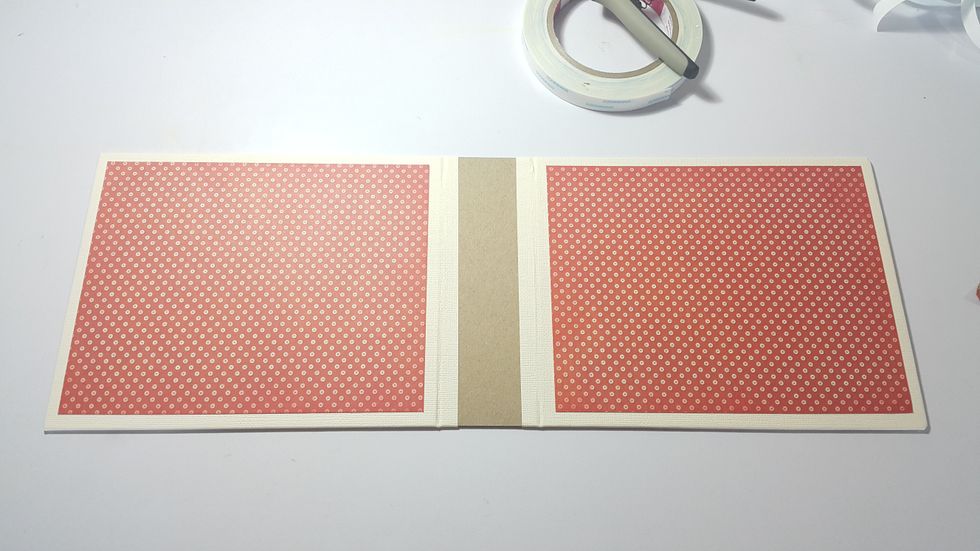 Mat the cover and the back of the album with pattern paper of 7-1/2"x6" each.