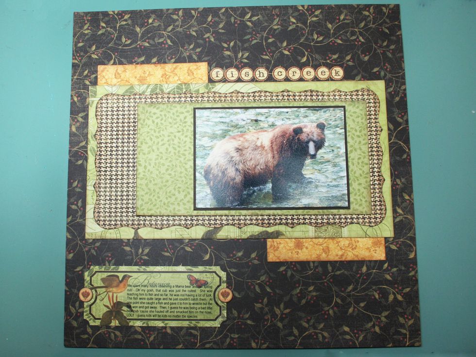 Mat your photo & add to the layout as shown. Add a title using letters from the cardstock stickers. Add the large journaling sticker 3/4" from the bottom & in line with the above layers.