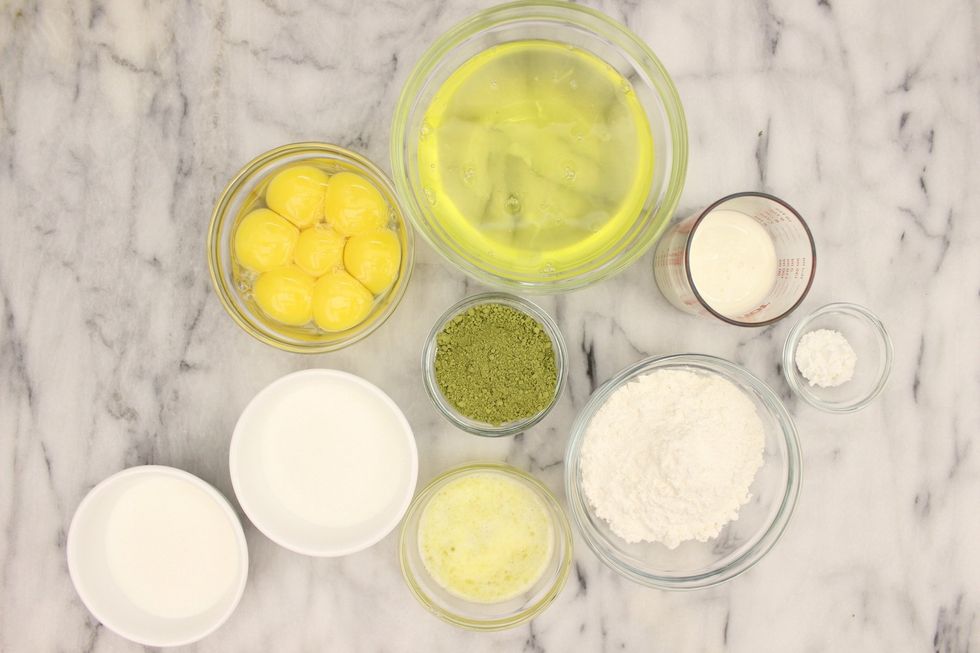 Matcha sponge cake: 7 large eggs (separated), 84 ml whipping cream, 1 tsp cream of tartar, 84g cake flour, 20g matcha powder, 40g unsalted butter (melted), and 174g granulated sugar (divided into 2).