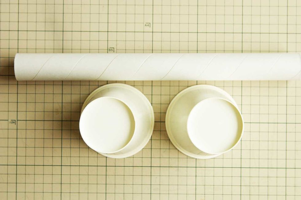 Materials a paper tube and two paper cups.
