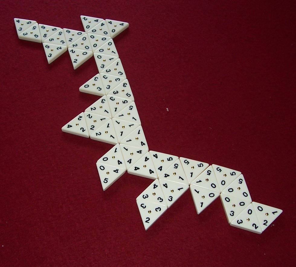 Materials:Table,The game itself and Three sided dominoes.