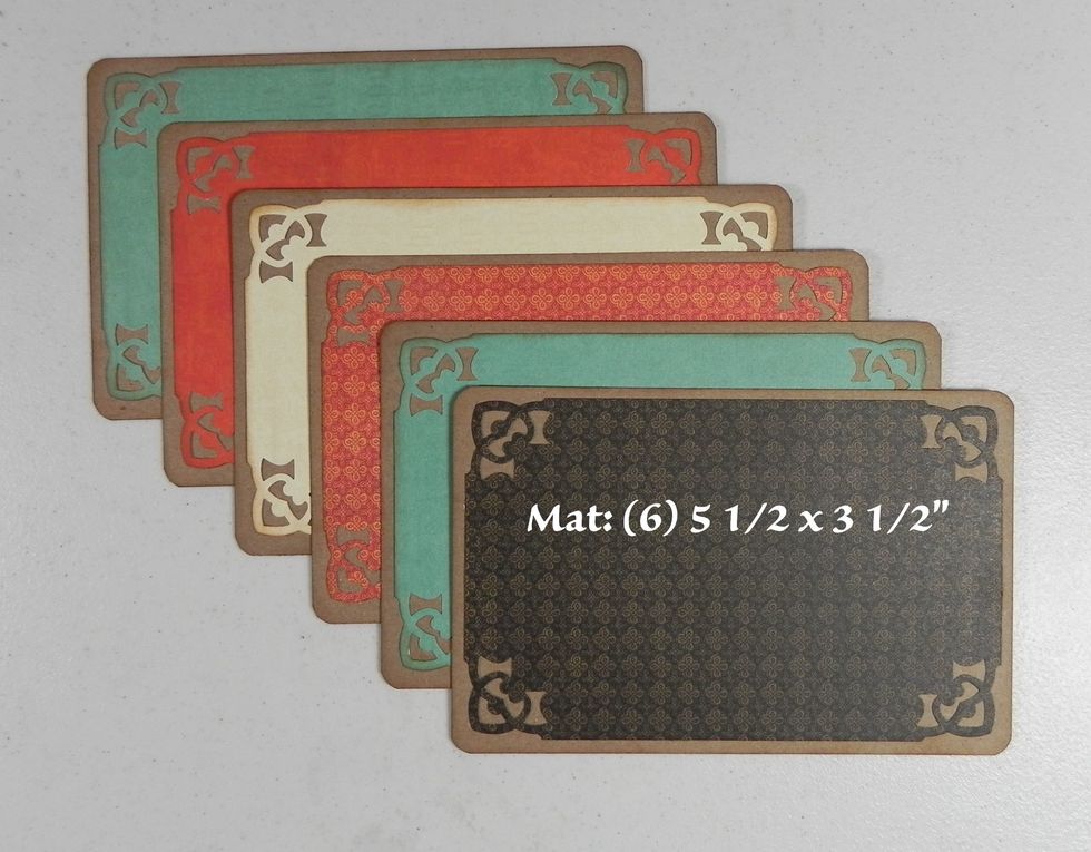 Mats for the tags, cut out of pattern paper. (6) 5 1/2 x 3 1/2". Corners punched.