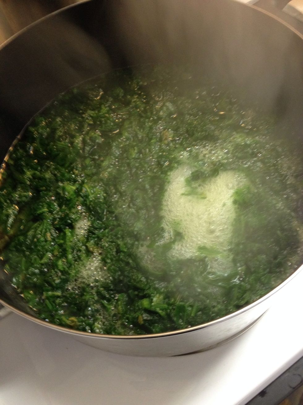 Meanwhile, add spinach to pot and cover with water. Bring to a boil. Cover with lid and turn heat to low. Let cook 4 minutes. (Or follow the directions on your package of spinach)