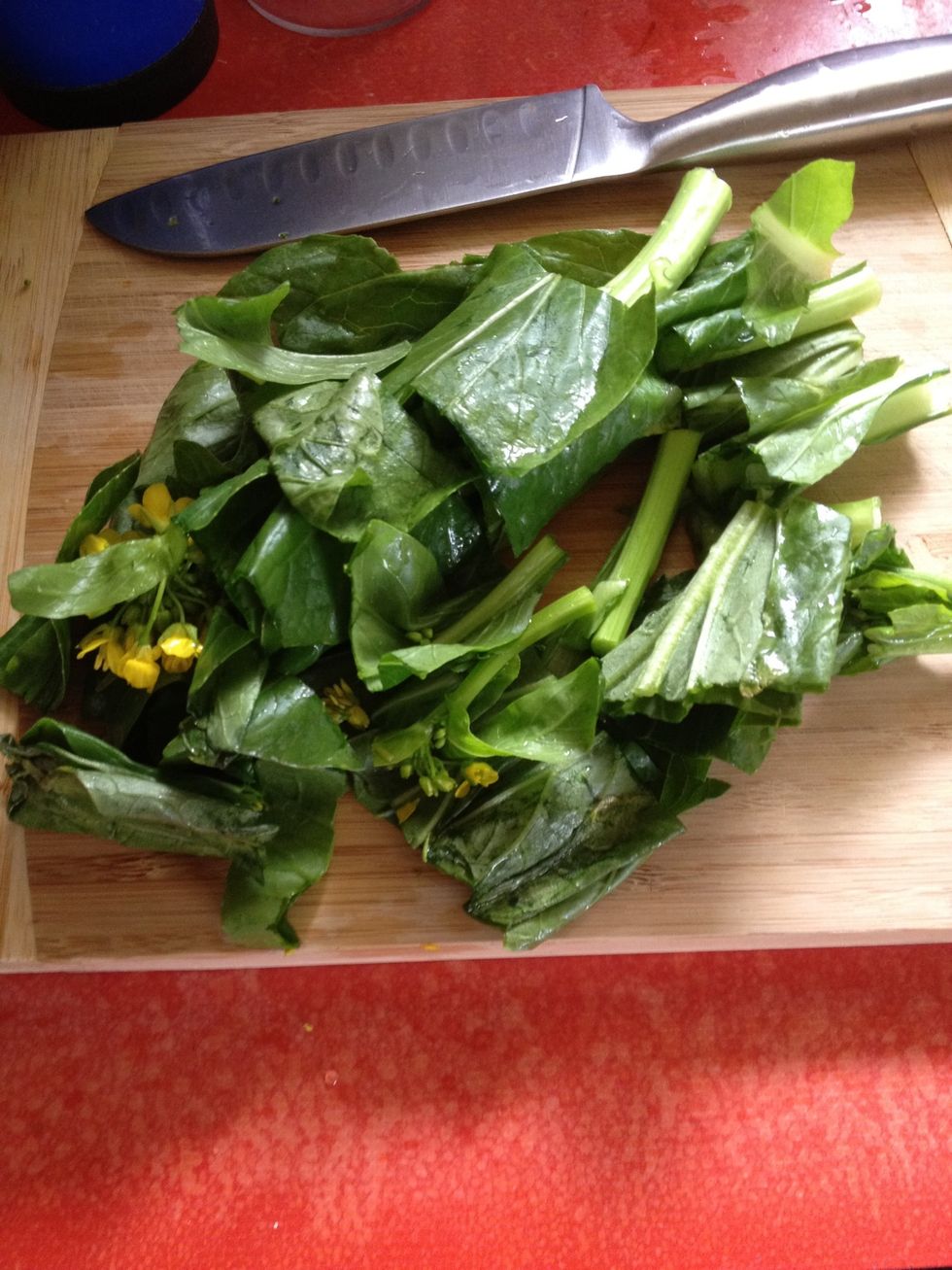 Meanwhile, chop the Choy sum into smaller pieces.