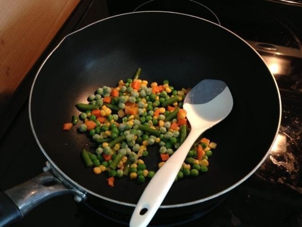 Meanwhile, clean the non stick pan (used to boil the milk earlier) and then once ready put the mixed vegetables into it. Keep on high flame (single)