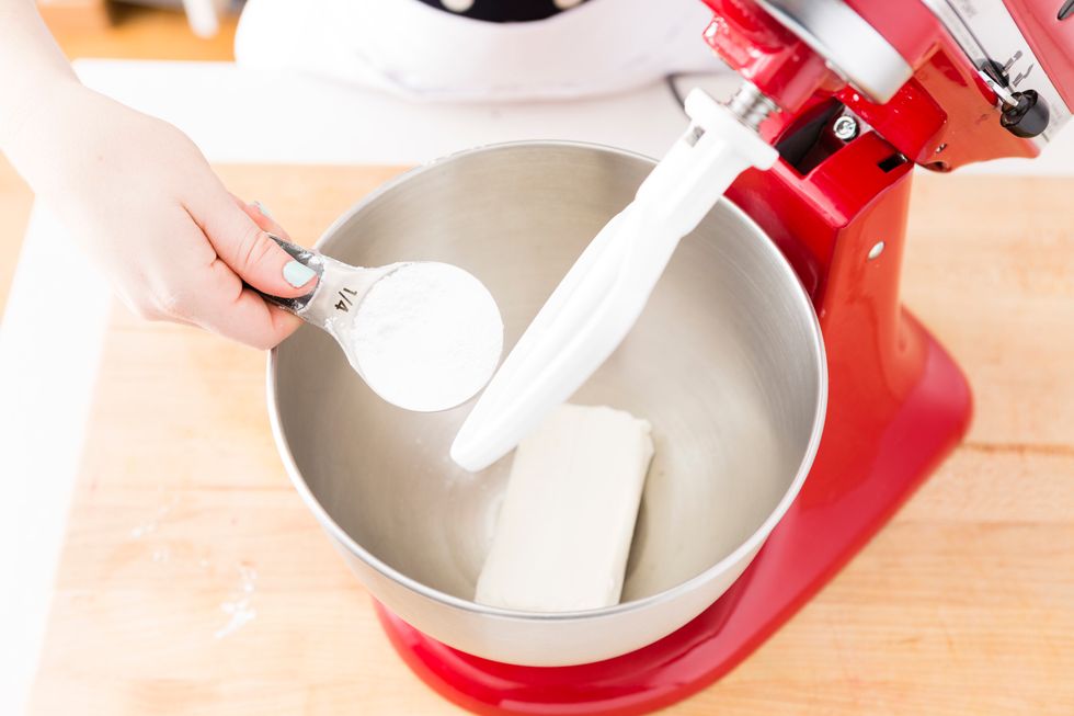 Meanwhile, cream together the cream cheese and powdered sugar until smooth.