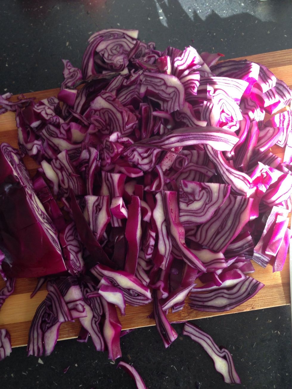 Meanwhile cut potato in cubes and cut the cabbage. Normally I use the white one, but this time I took the red one, as this is what there was on a market