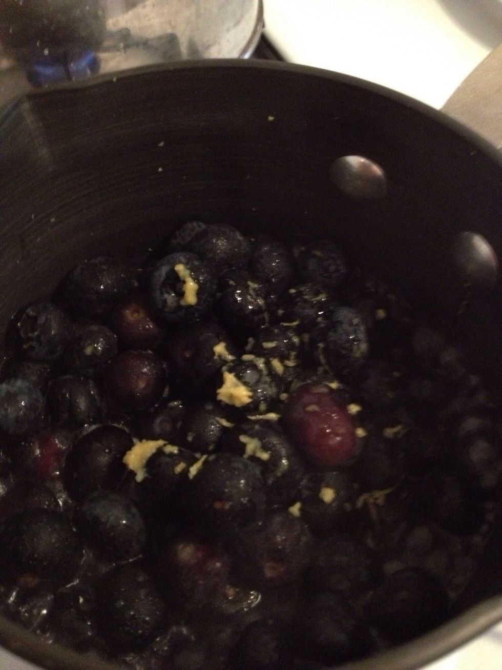 Meanwhile, heat blueberries and lemon zest over low flame in another small pot. Blueberries will pop and mixture will be that of a chutney in about 8 minutes.