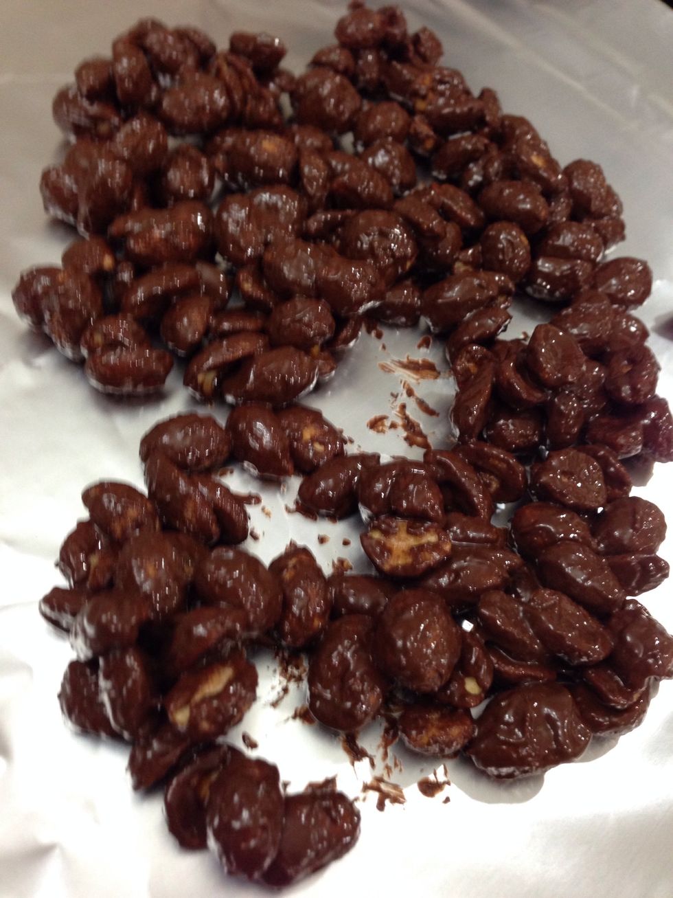 Meanwhile ... I hate to waste ingredients so I tossed some peanuts with the leftover chocolate. Pour them out onto a plate or foil and chill until set. Then enjoy as a cooks treat!