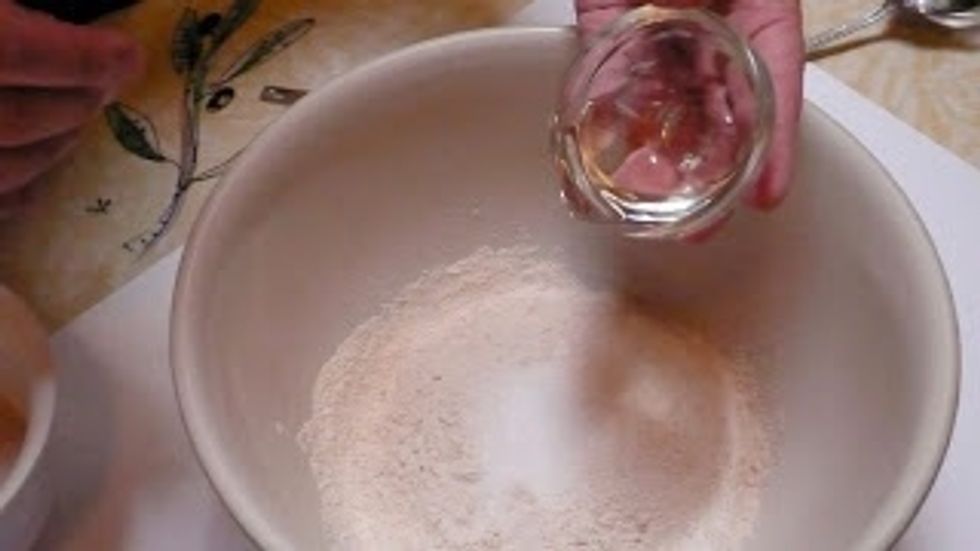 Meanwhile, in the big bowl mix together:3 and 3/4 cups of flour,1/2 tsp of salt, 1 tsp of sugar, 1 tsp of baking powder,2 tbs of vegetable oil