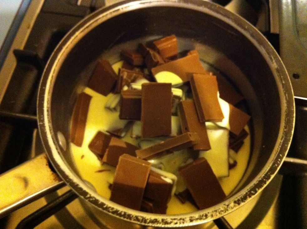 Meanwhile melt chocolate and cream in a saucepan until nice and smooth and glossy.