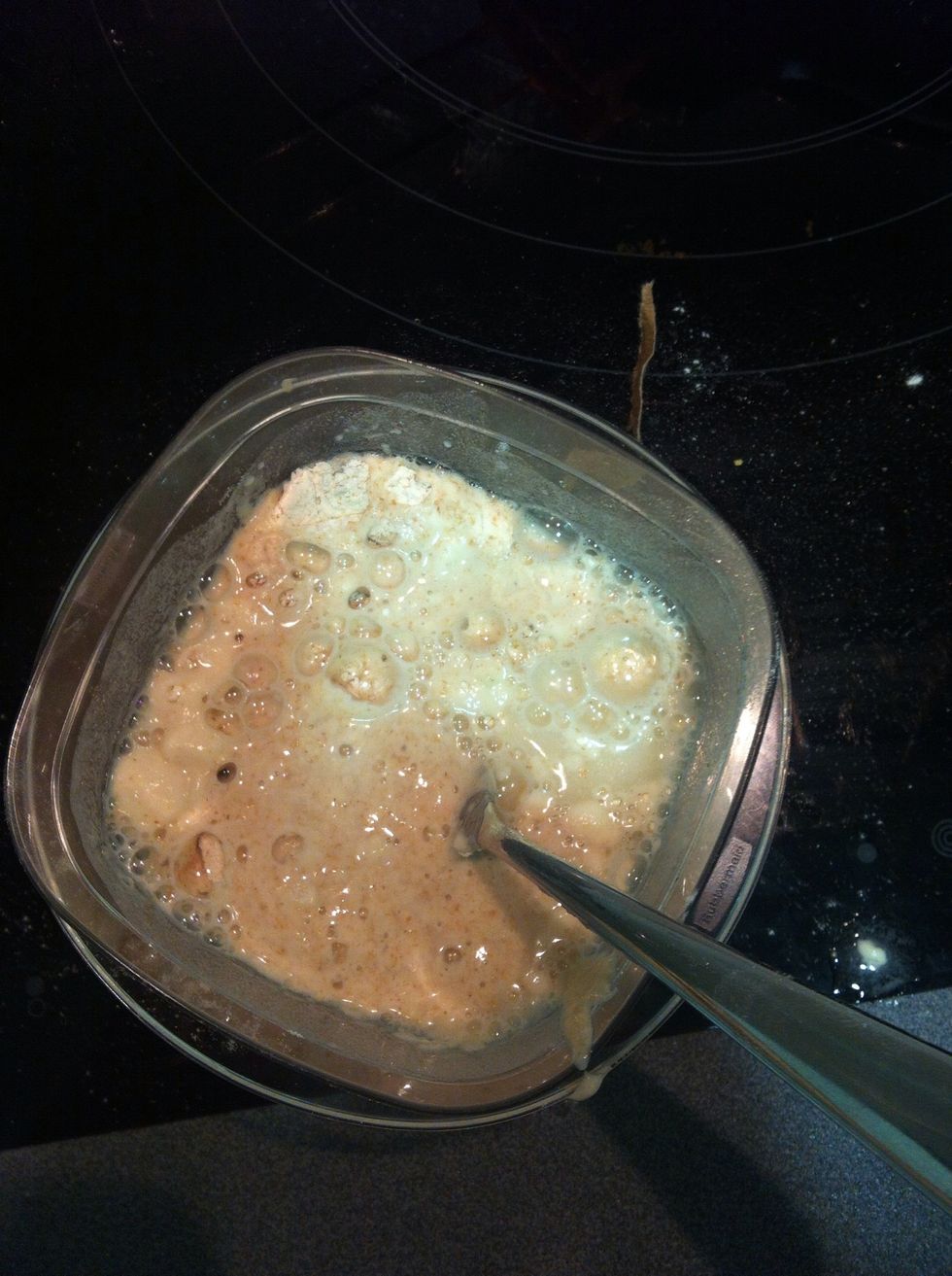 {Meanwhile} Mix a bit of your leavener, 1/2 cup of water and a 1/2 cup of flour (half white and half whole wheat) in a small plastic bowl