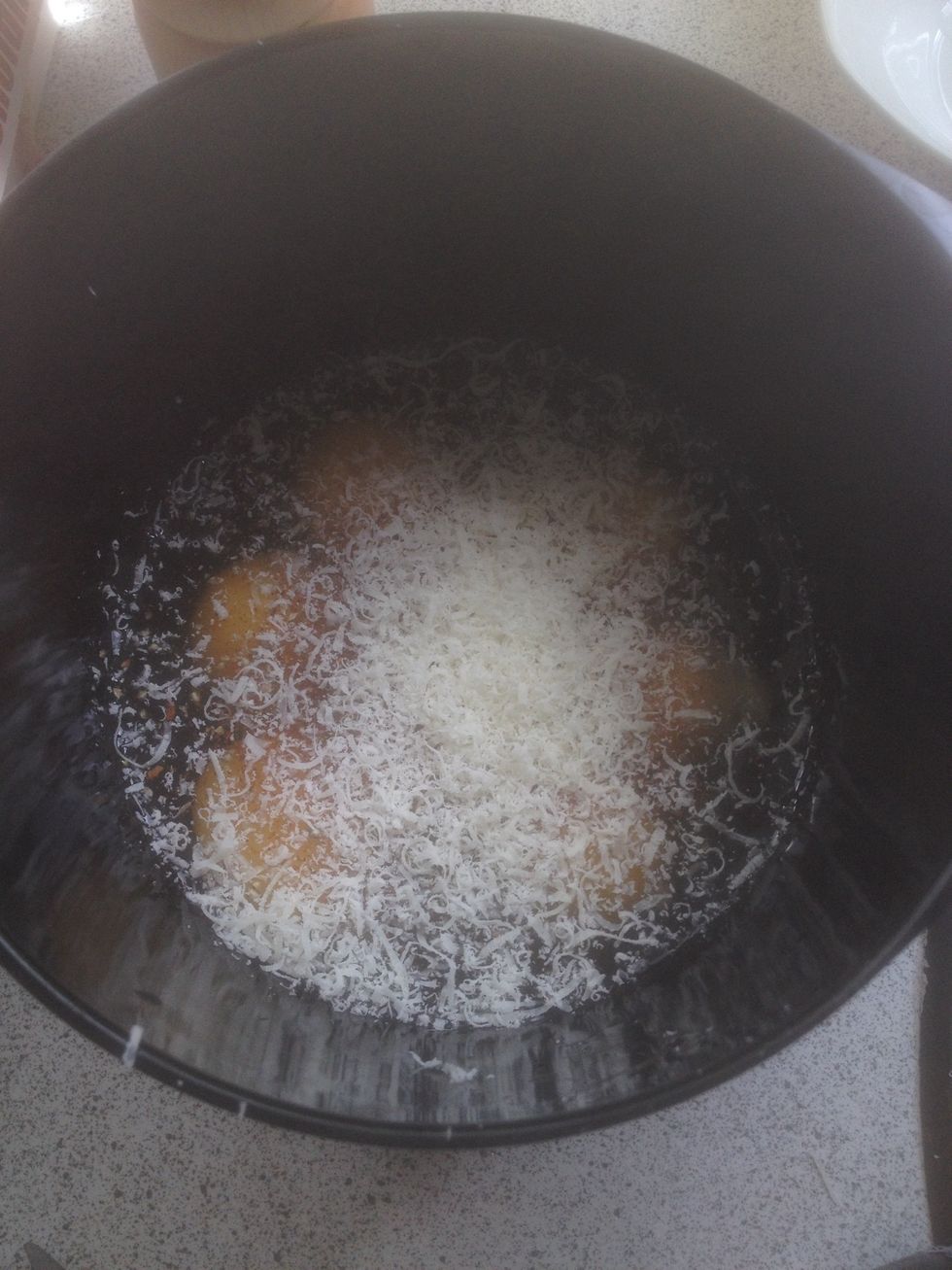 Meanwhile, mix eggs, salt, pepper, chili (if you have it, some parmesan cheese)