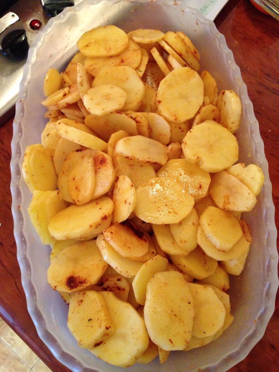 Meanwhile season potatoes with salt and peppers before putting in the pan