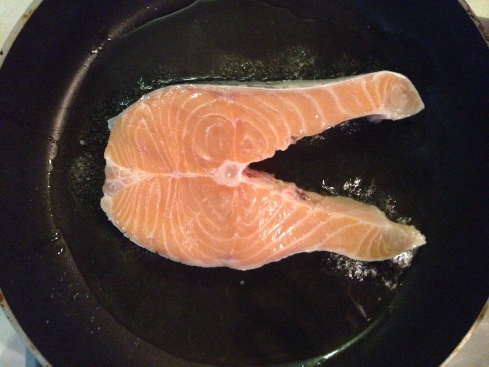 Meanwhile start cooking your salmon with some olive oil you may add 1 garlic also here