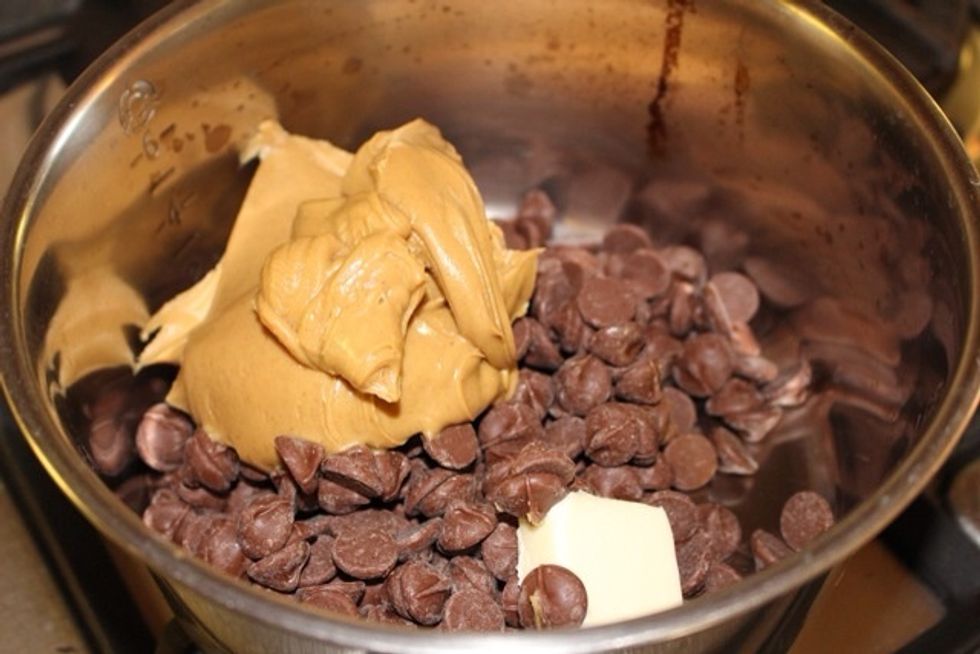 Meanwhile, take you peanut butter, tablespoon of butter, and milk chocolate chips in a medium saucepan on low heat and melt stirring frequently until it...