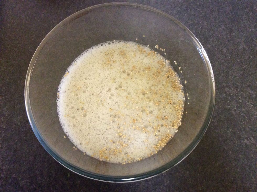 Meanwhile to prepare the quinoa, wash thoroughly replacing water until it runs clear. Place quinoa and 60ml water over medium heat and bring to boil with lid off.