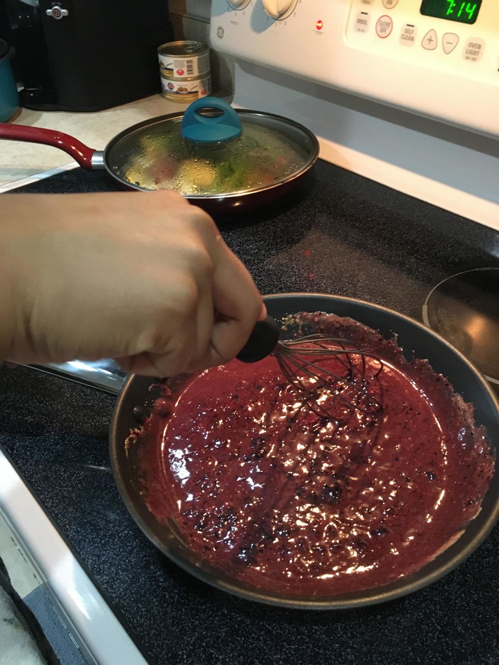 Meanwhile, Whisk Together In A Small Saucepan BlackBerry Preserves And The Next Four Ingredients And Cook Over Low Heat, For 5 Minutes Constantly Whisking It.