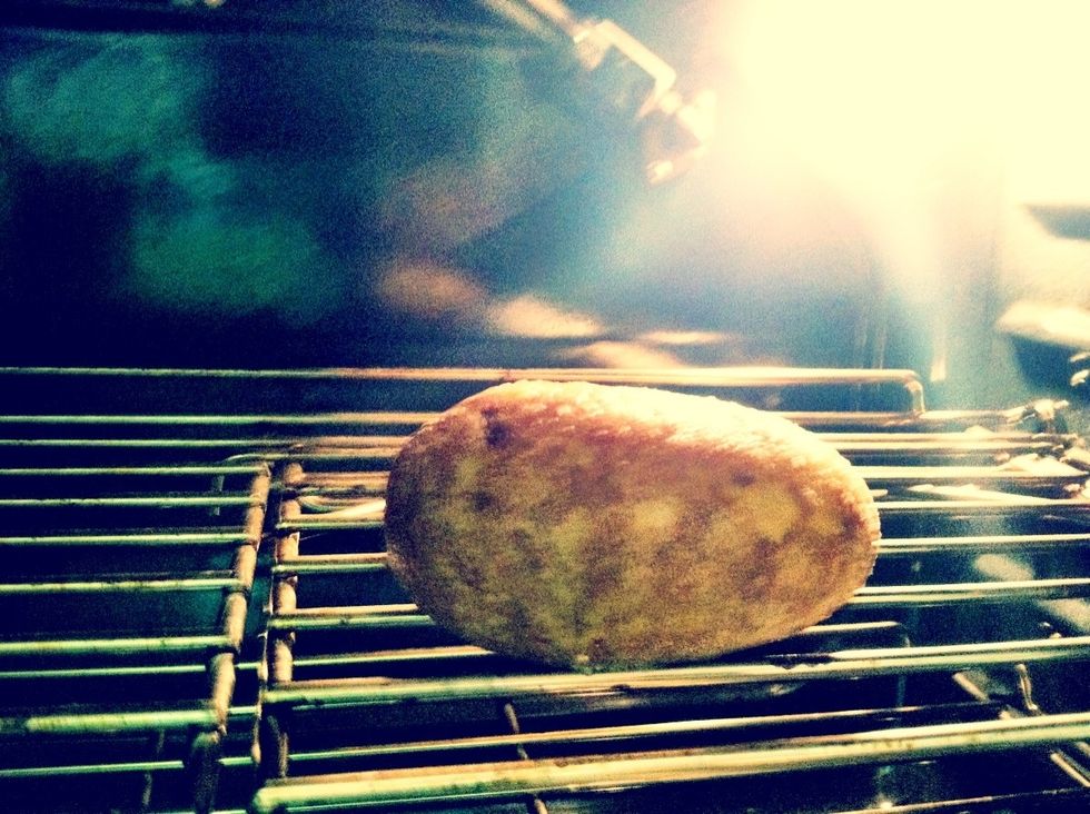 Meanwhile, You can bake a potato (russet). Lathered with canola oil and salt. 1hour. 350 degrees ferinheight.