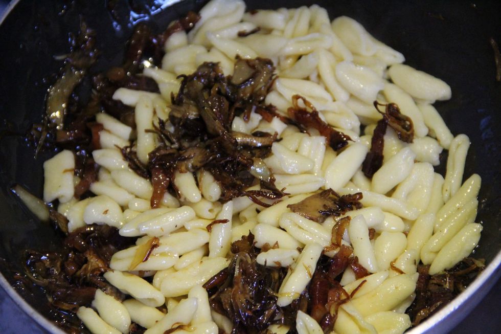 Meanwhile you should have your pasta cooking. Here I'm using fresh cavatelli but you can use any pasta you like