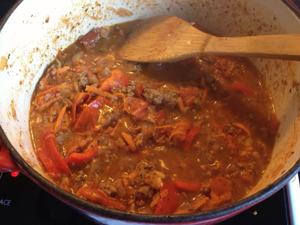 Meanwhile your bolognese should be simmering away... Have you heat on low and just let those tomato juices simmer down so the sauce thickens.