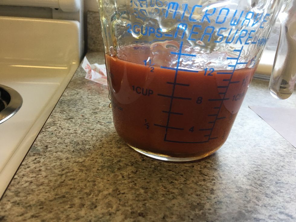 Measure 1 1/2 cup of Hot Sauce into liquid measuring cup and pour that into the saucepan as well.