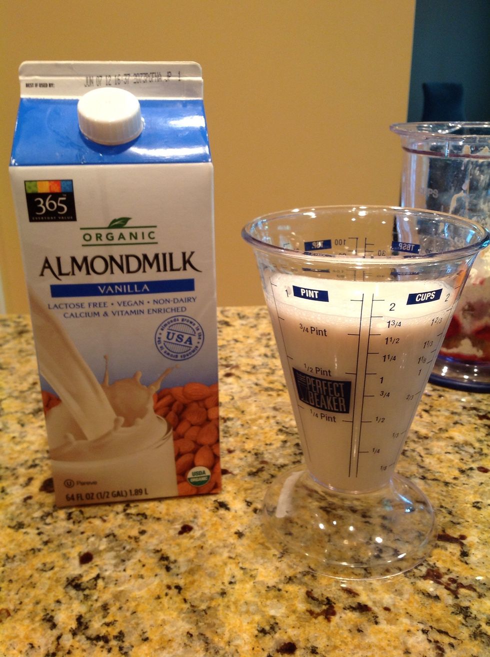 Measure 1 1/2cup of vanilla-flavored almond milk. OPTION: You can also use cow's milk, rice milk, or even water as your liquid. TIME = 30 seconds