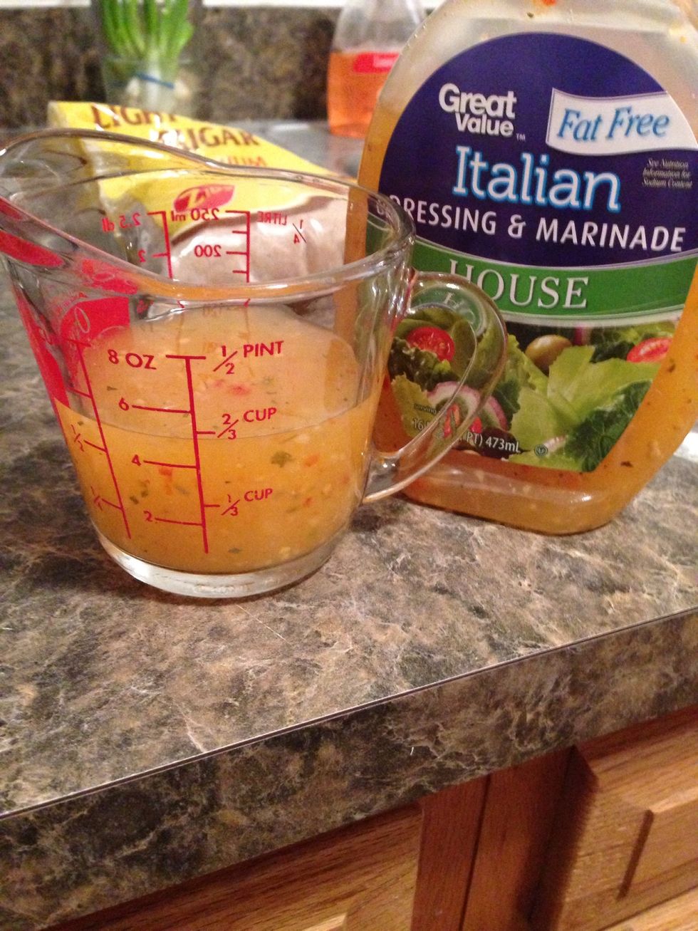 Measure 1/2 cup of fat free Italian dressing. I went a little over to accommodate the extra BBQ sauce.