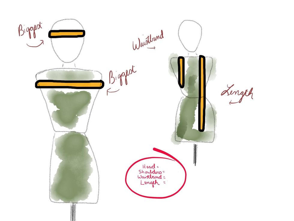 Measure: 1. Around head, 2. Around shoulders/breasts, 3. From shoulder, over breast to where waistband will go, 4. Length. Sit down while measuring length so butt doesn't hang out later.