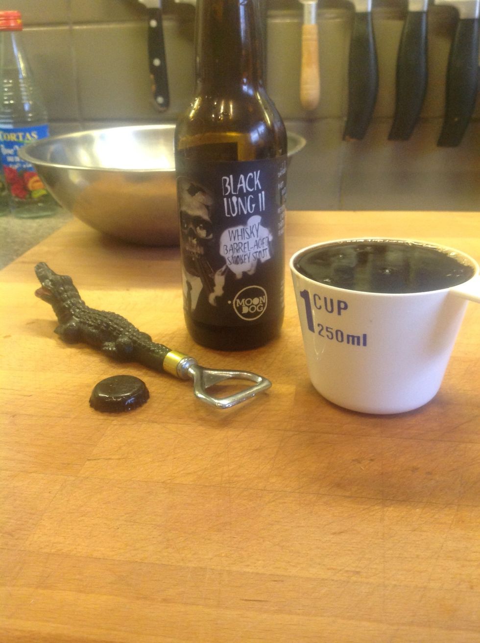 Measure 1 cup of beer, I am using 'Moon Dog' Black Lung II, whisky barrel-aged smokey stout