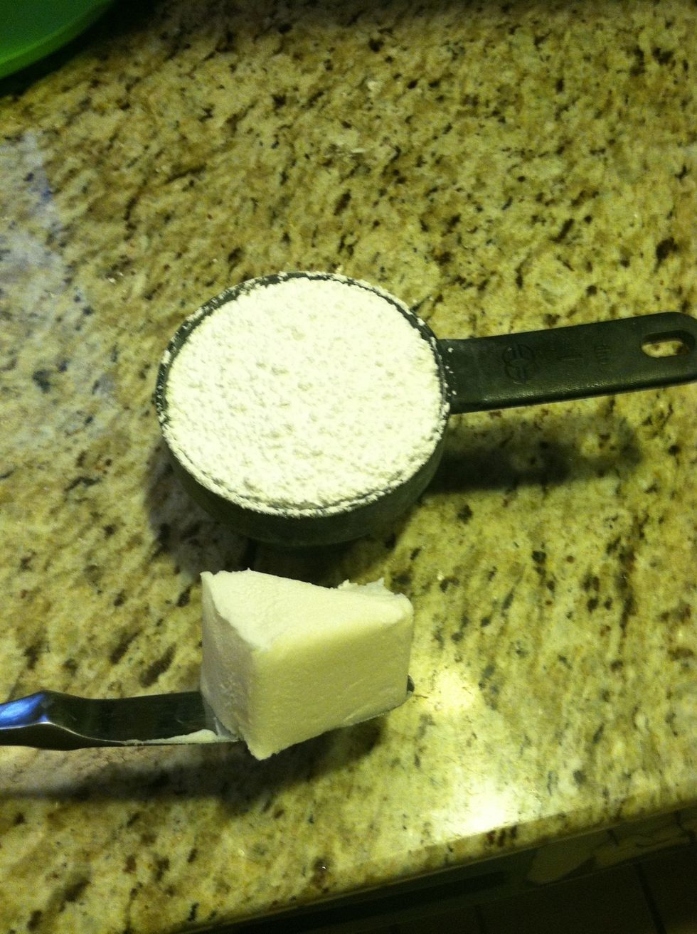 Measure 1 Cup powdered sugar and 1/4 Cup shortening. I use crisco sticks for easy measuring.