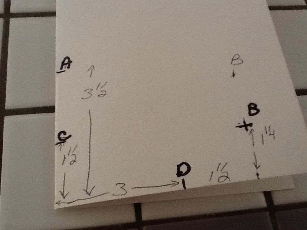 Measure 3 1/2 inches up from short edge and mark (A). Mark 1 1/2 inches up from same edge and mark (C) . Mark on lower edge (nearest to you) 3 inches (D) and then an add 11/2 inches to the right.