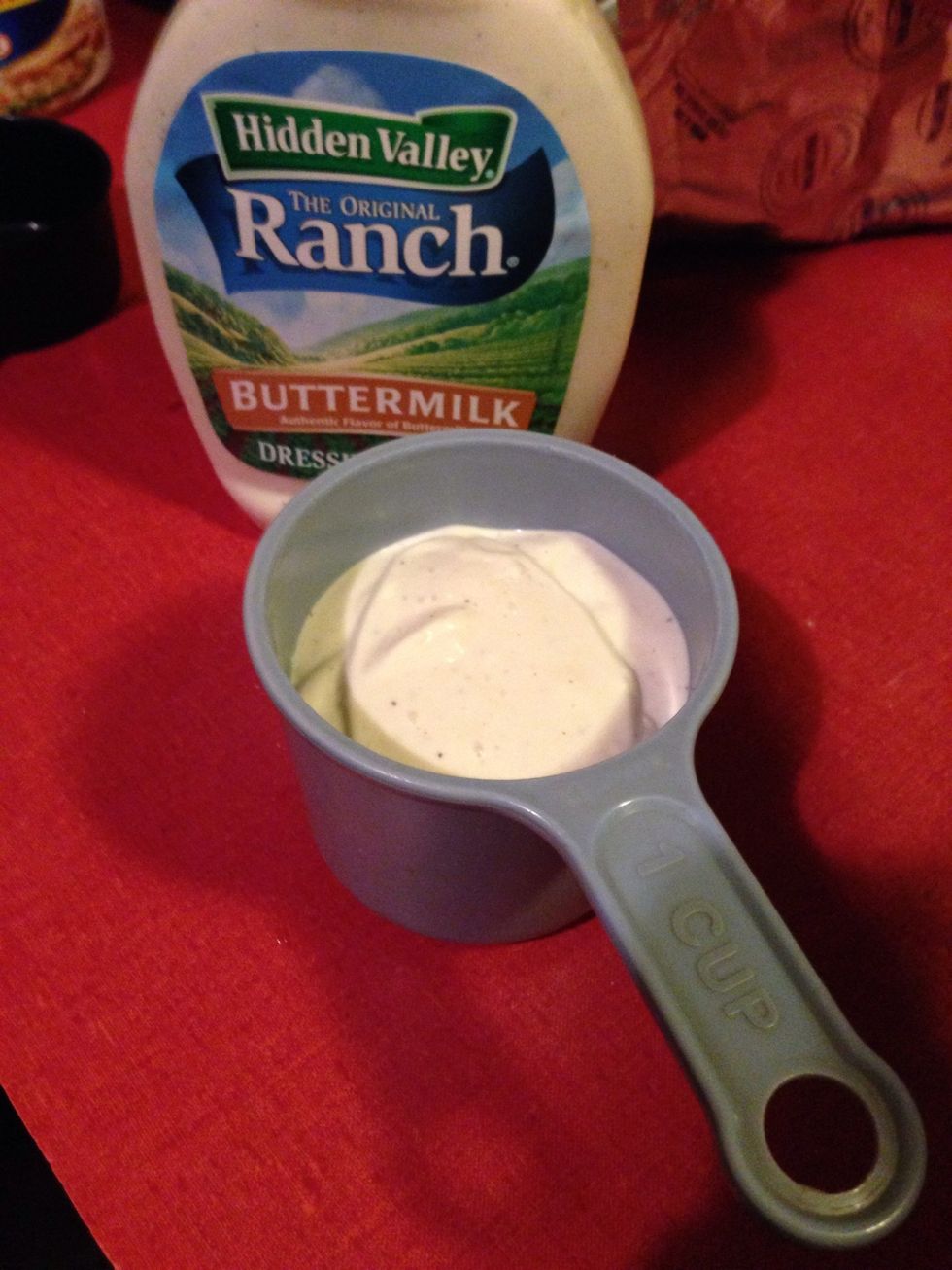 Measure 3/4 a cup of ranch and add to the pan.