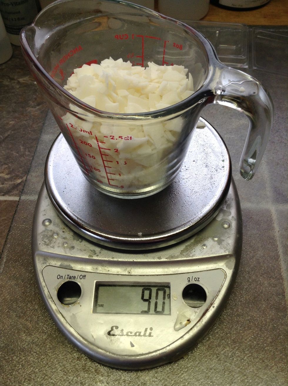 Measure 90 grams or 3 ounces by weight into a heatproof container. I suggest this amount because that is how much I needed to make two packages of tarts, as seen on the cover of the guide.