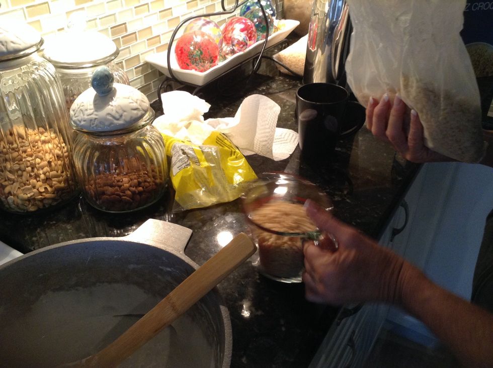 Measure about 12 cups of rice crispys but we started with 6 cups. If it looks gooey add a little more