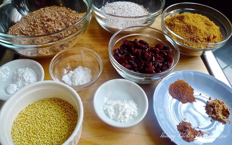 Measure all DRY ingredients needed to make the muffins. For more details on ingredients, please access www.huangkitchen.com/cranberry-millet-pumpkin-muffins/ or at SUPPLIES of snapguide.