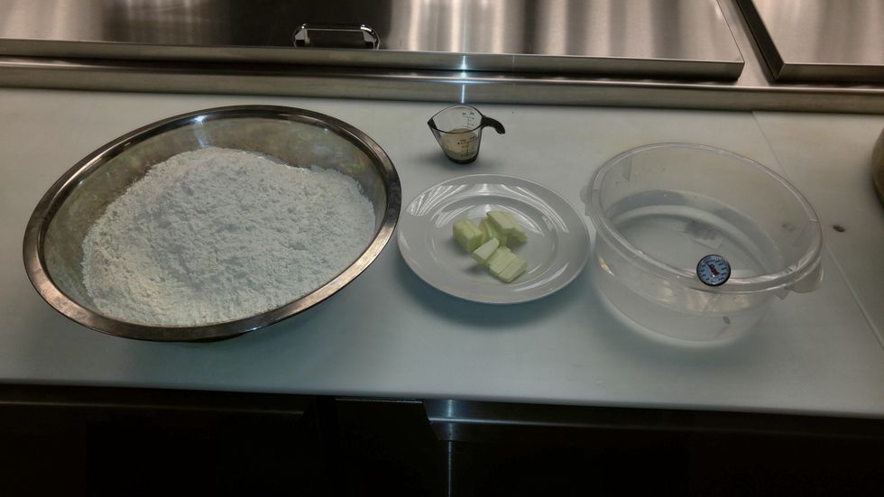 Measure all ingredients out...let butter soften. Mix yeast and the first 2# of warm water and whisk until dissolved. cut butter and salt into the flour. Mix on medium speed for 4-5 minutes.
