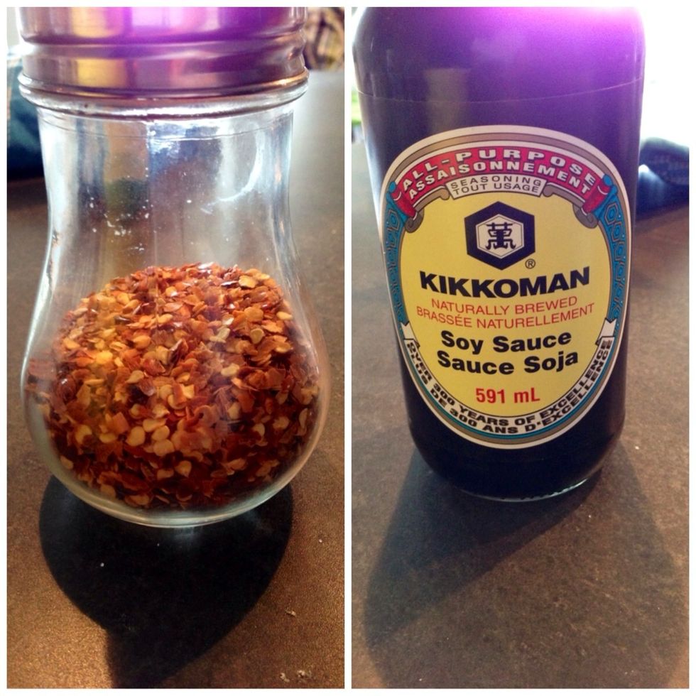 Measure and add the soy sauce and red chili flakes to the bowl.
