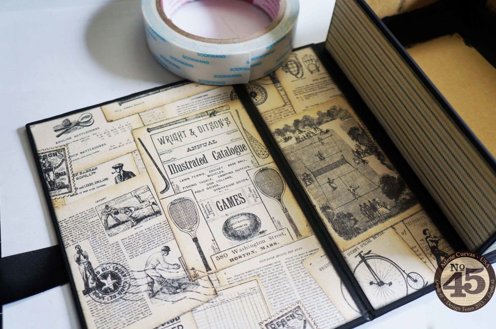 Measure and adhere design paper to the inside of your box as shown. Again, use ScorTape or strong adhesive to lay the papers down.