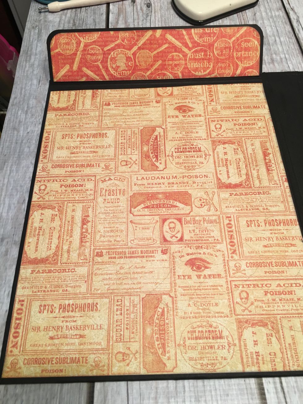 Measure and cut patterned paper to cover the inside of the flap and the inside of the main section as shown.