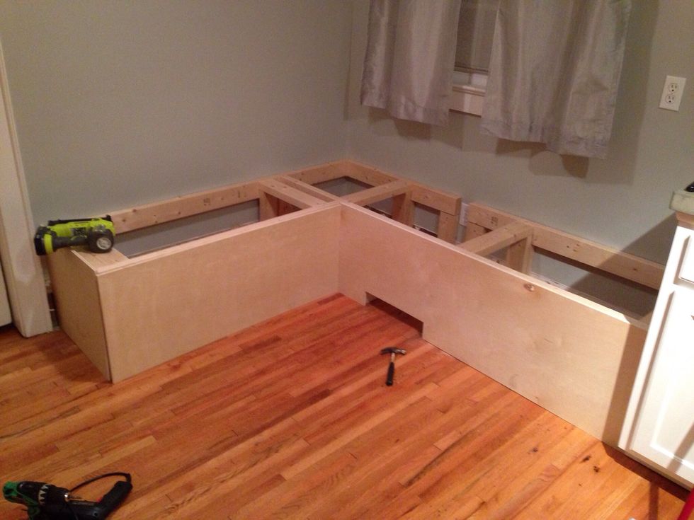 Measure and cut project plywood to fit front of bench. Use brad nailer to attach to frame.