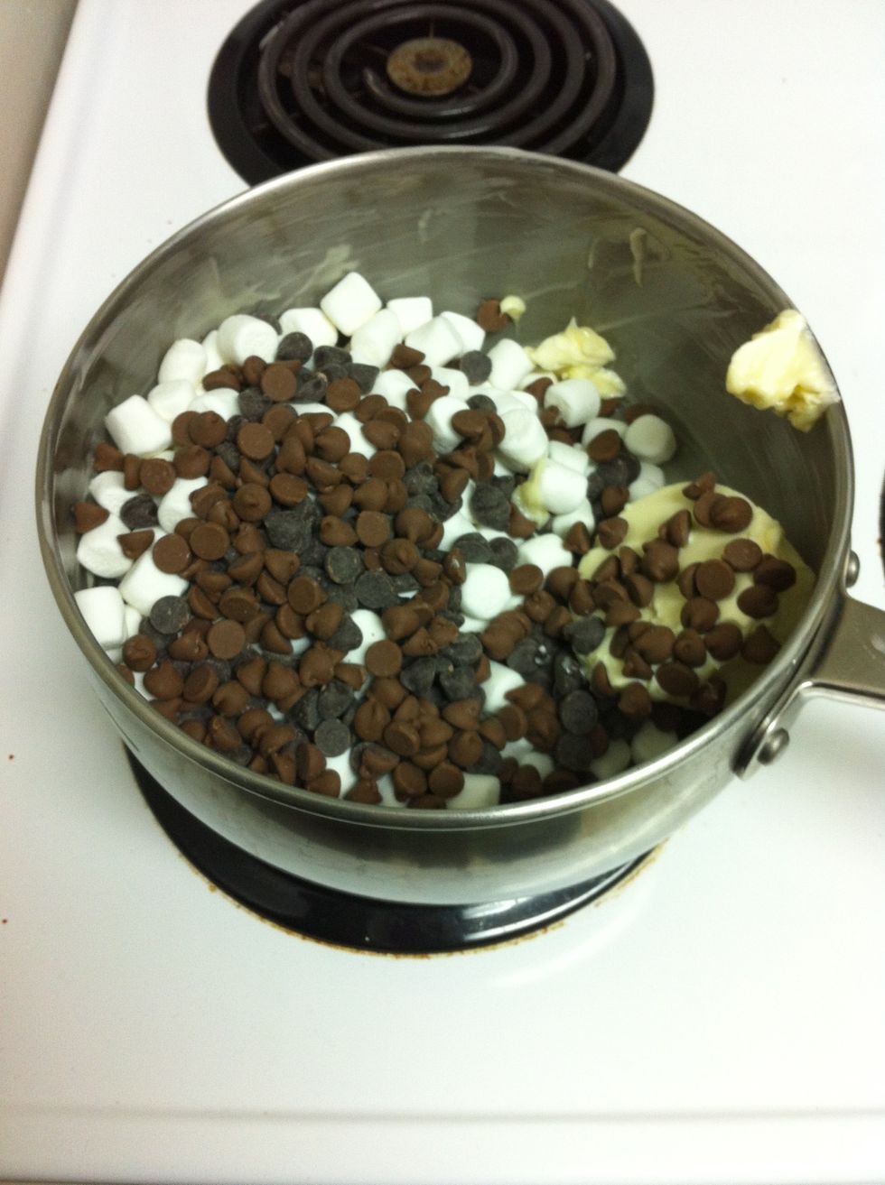 Measure cereal into a large bowl. In saucepan heat chocolate chips, butter, and only 3 of the 4 cups of marshmallowsover low heat, stirring frequently until melted. Remove from heat.