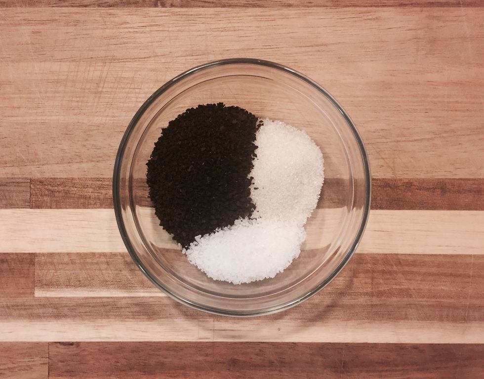 Measure coffee grounds, sugar, and salt into a small bowl.