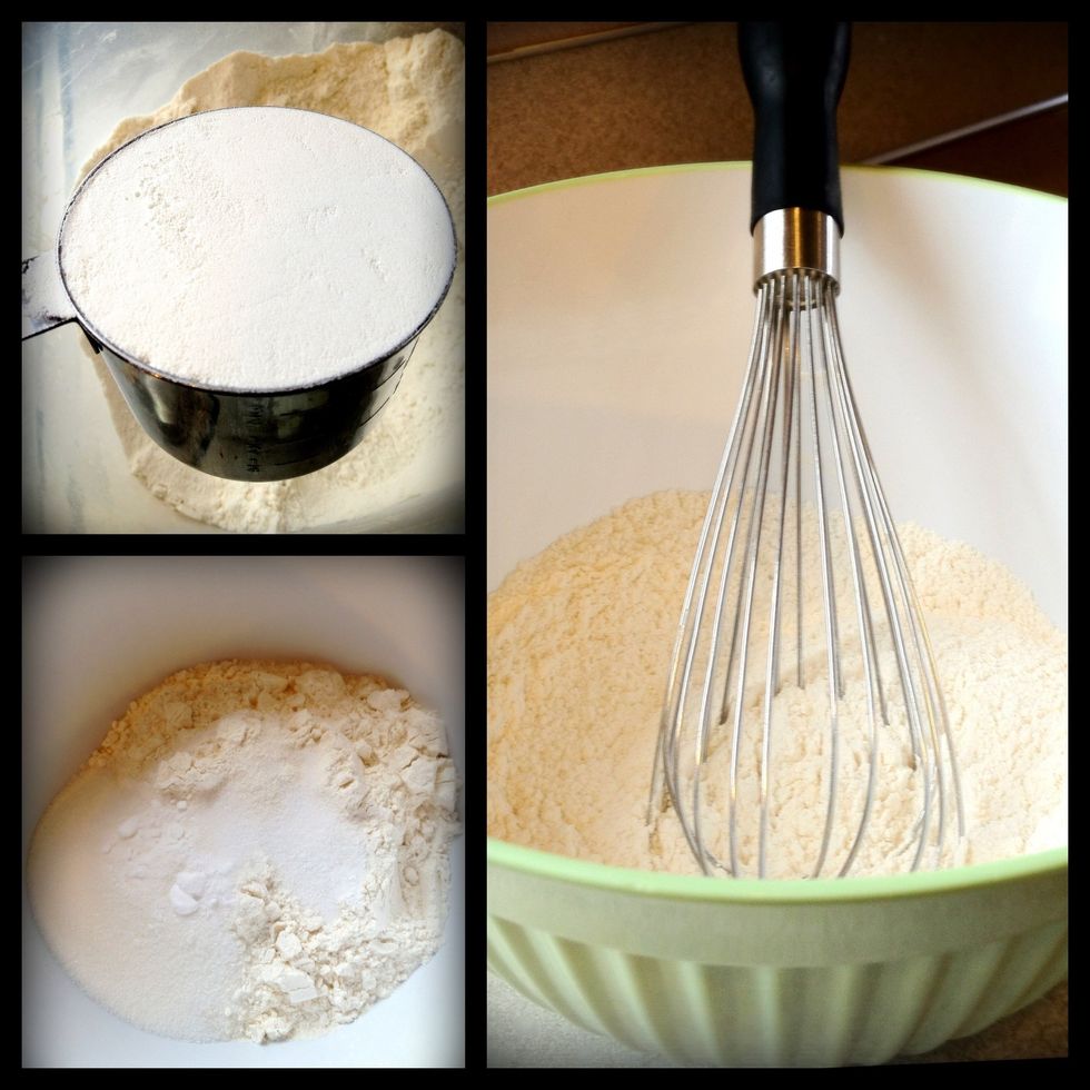 Measure dry ingredients. (Run a butter knife over the measuring cup to accurately measure.) Use a whisk to combine.