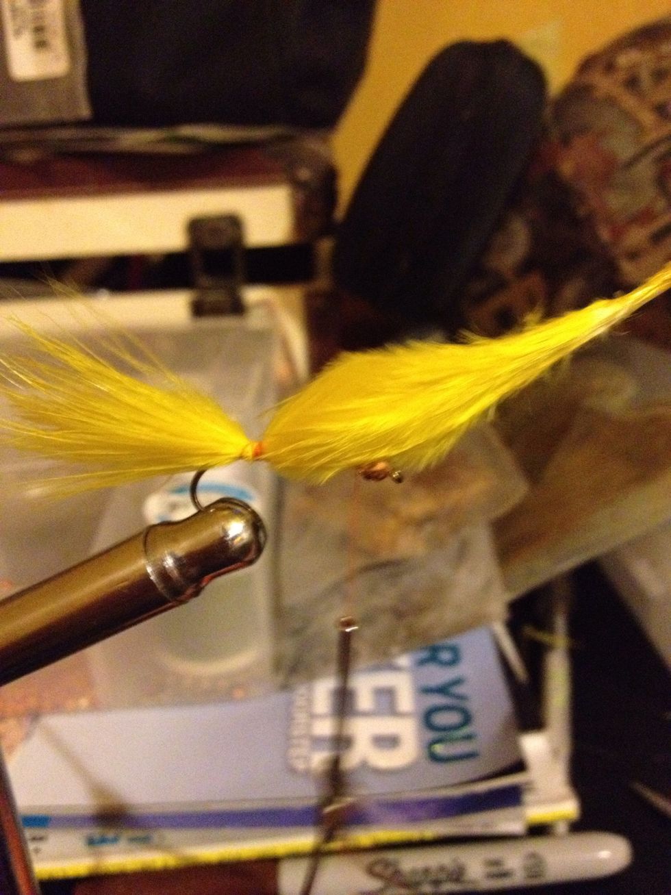 Measure from the top of the Maribou feather the length of the hook and tie in the feather as pictured.