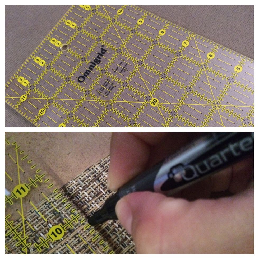 Measure/mark your placemat to divide it into equal-sized squares the size you'd like your coasters to be. My placemat was plastic-y, so dry-erase marker rubbed off easily without causing damage.